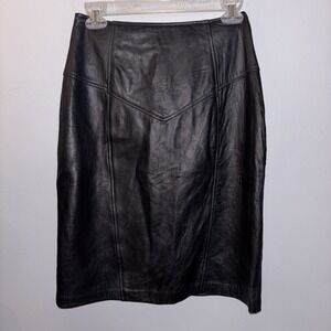 Vintage Genuine Leather Pencil Skirt Black High Waist Lined Women's Sz 10 Luxury